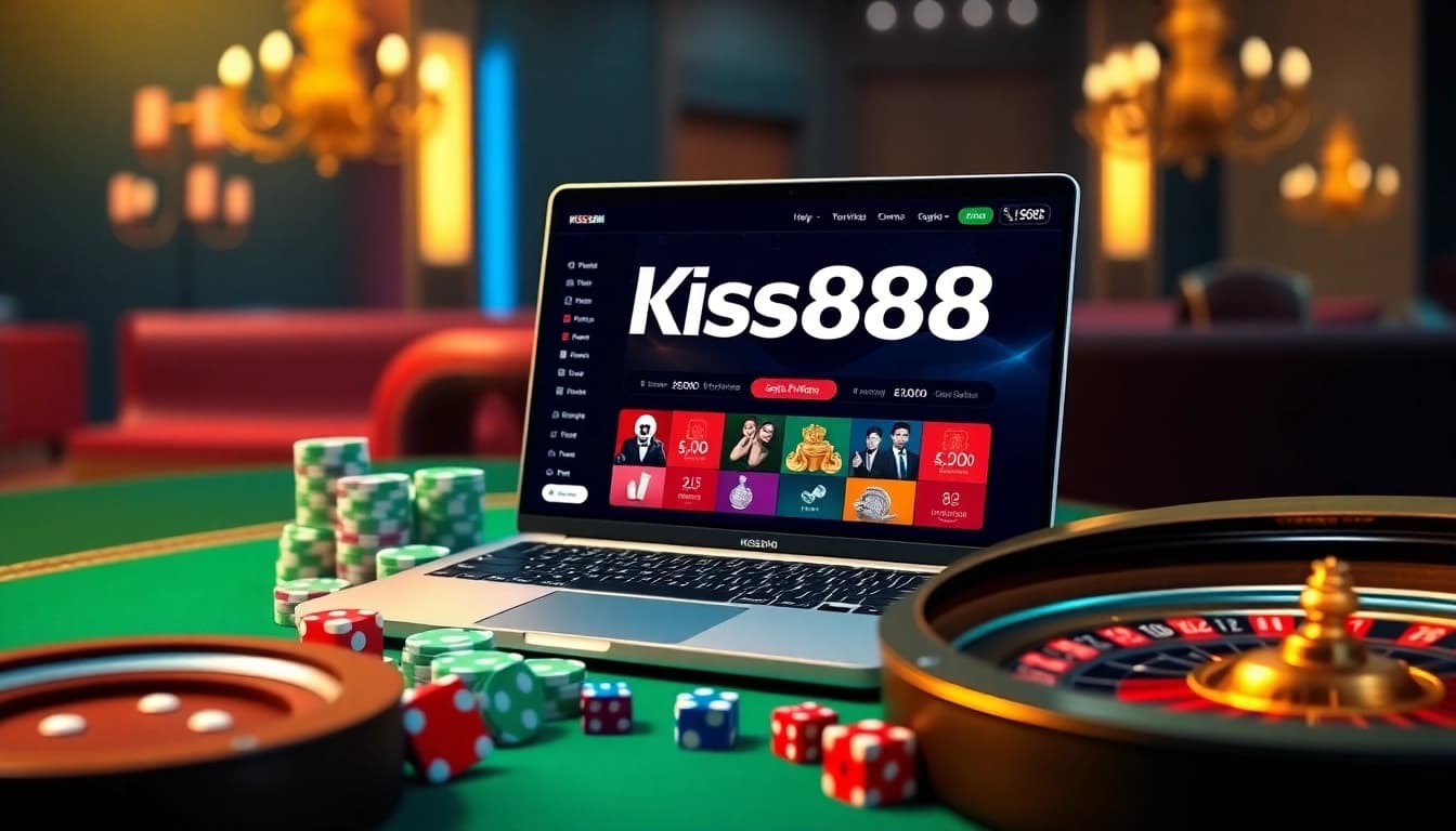 A vibrant gaming scene with the Kiss888 logo, poker chips, dice, and a roulette wheel, representing online casino excitement.