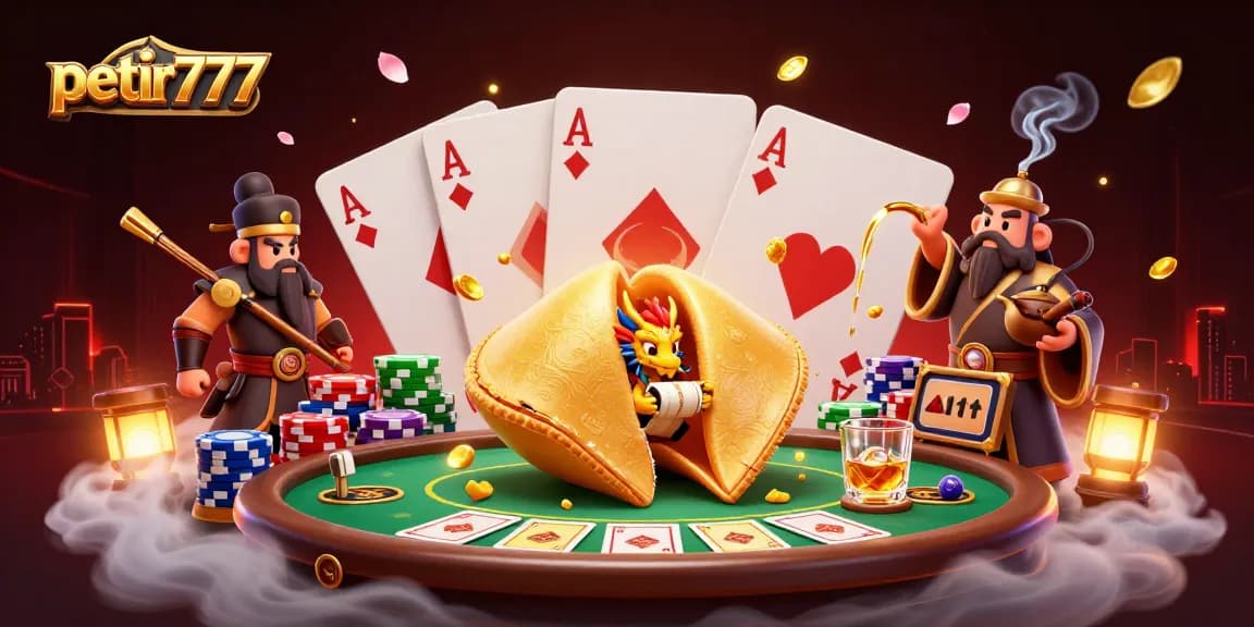 Engage with petir777's dynamic gaming scene featuring collectible fortune cookies and poker elements.