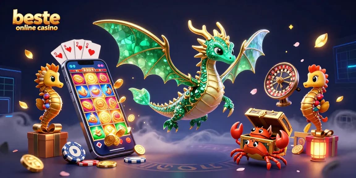 Experience the beste online casino with this vibrant 3D scene featuring a sea dragon and golden treasures.