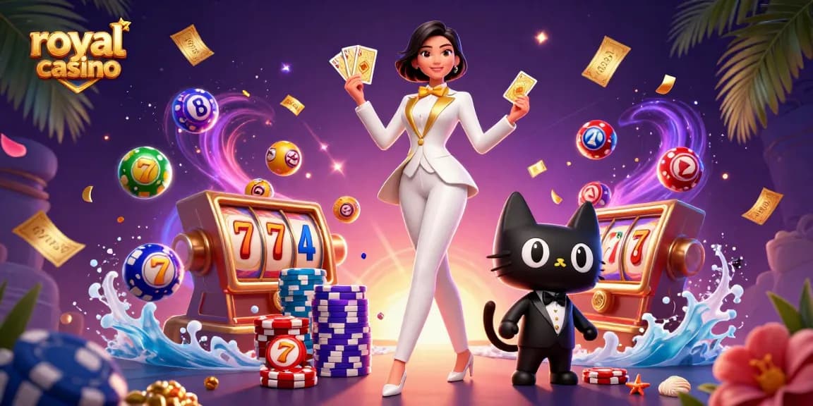 Experience the excitement of royal casino with a glamorous scene of a woman shuffling cards and a cat in a tuxedo.