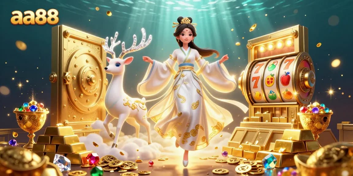 Engage with exciting games at aa88, featuring a stunning 3D casino illustration packed with rich elements.