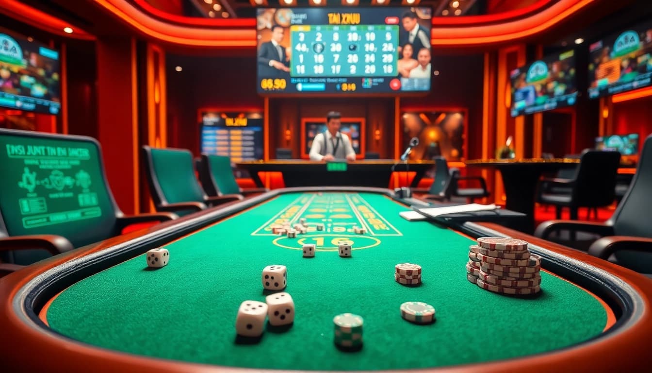 Engaging scene showcasing players enjoying game tài xỉu at an online casino with a live dealer.