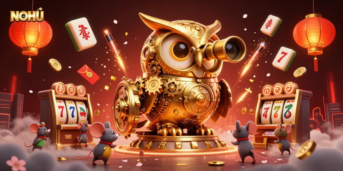 Engaging scene of the NOHU casino depicting a golden owl and mice enjoying gaming fun.