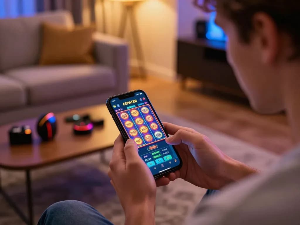 Permainan yang menarik di aplikasi CEPAT88 dengan slot berwarna-warni yang ditampilkan di layar ponsel pintar.