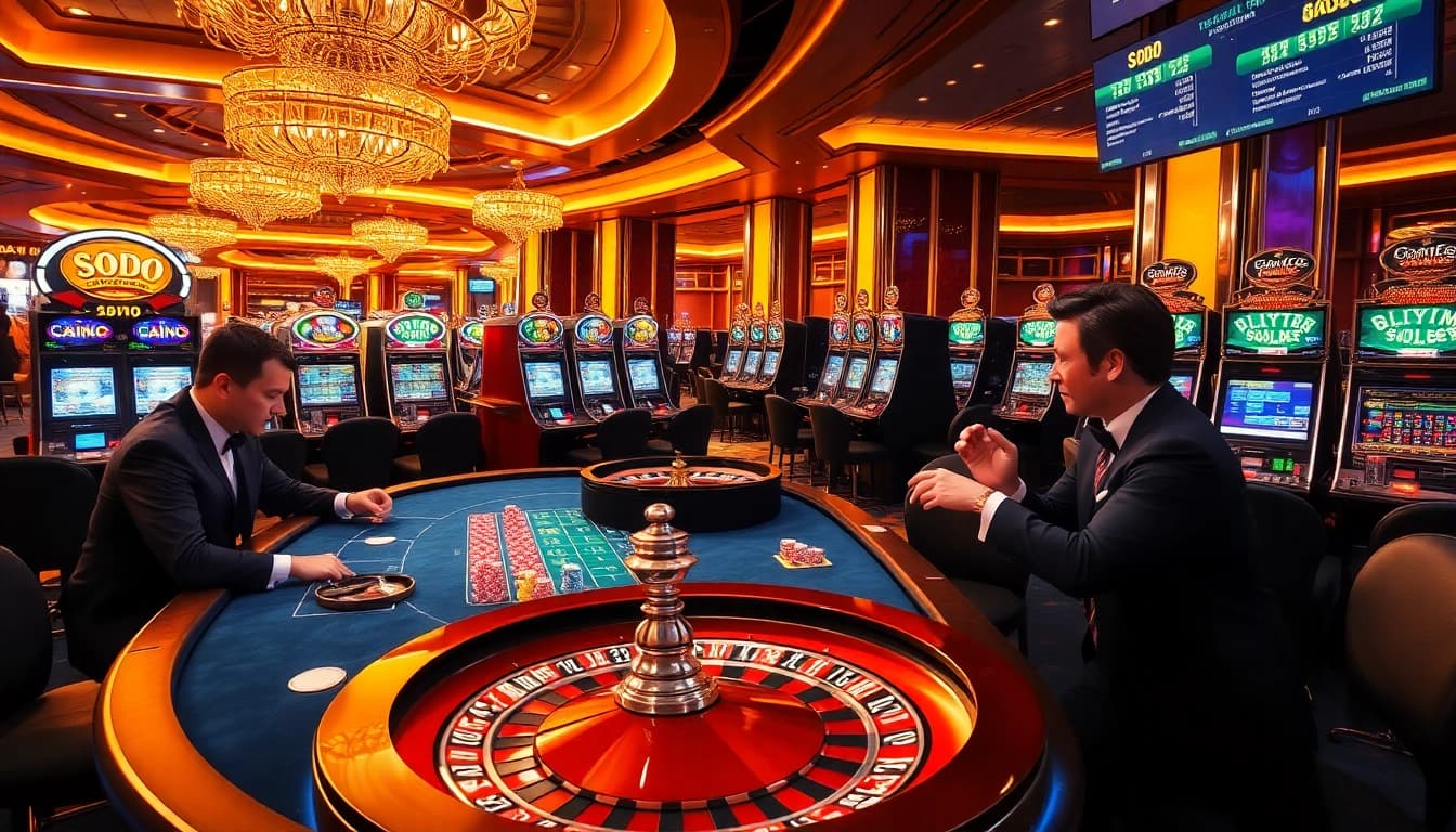 SODO casino gaming scene with players at a table, vibrant chips, and exciting slot machines.
