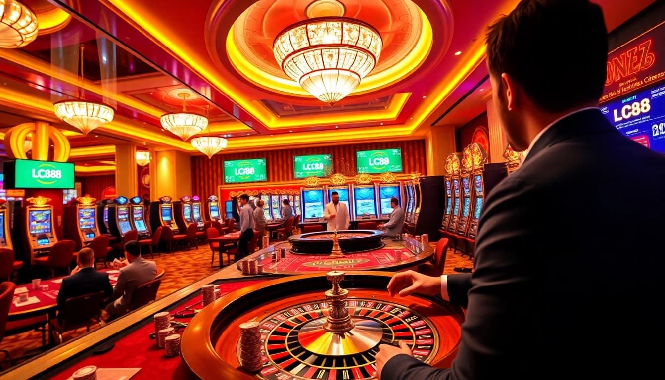 Experience thrilling gaming action at LC88's luxurious casino tables with vibrant lights and excitement.