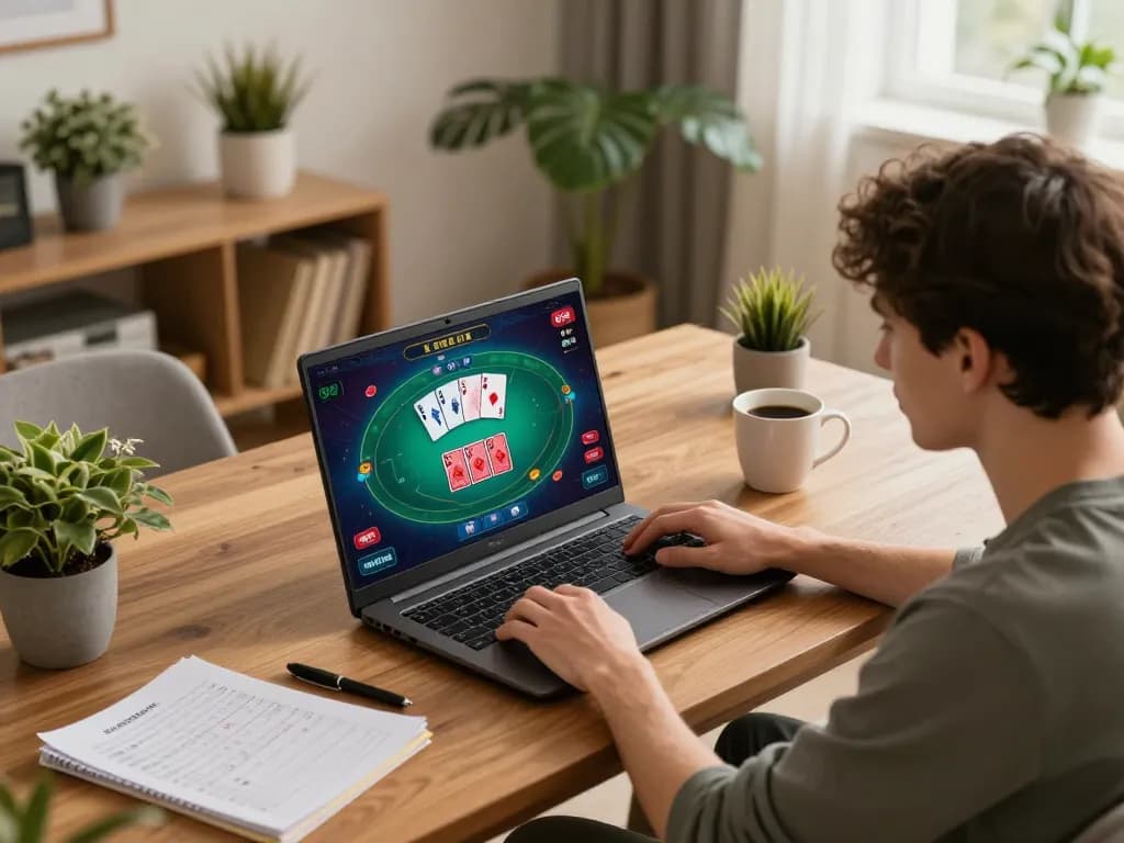 Engaging online gameplay experience on god55 with a player on a laptop enjoying poker at home.