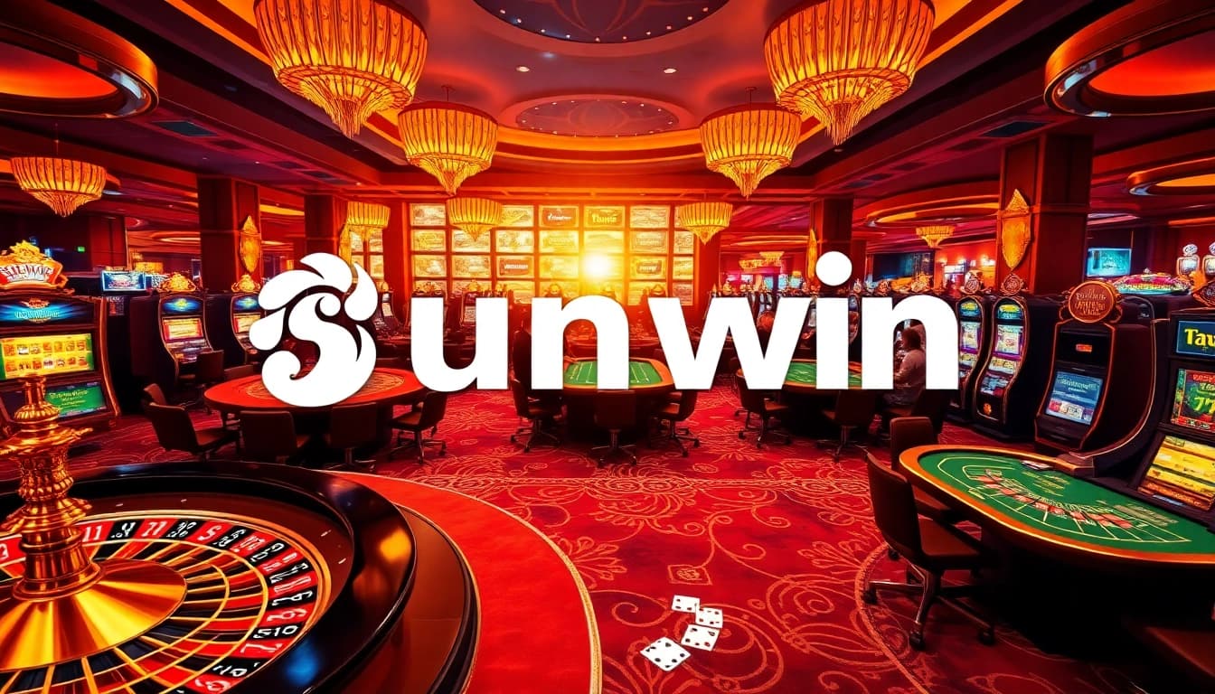 Experience the thrill of casino gaming at Sunwin with vibrant tables, roulette wheels, and engaged players.