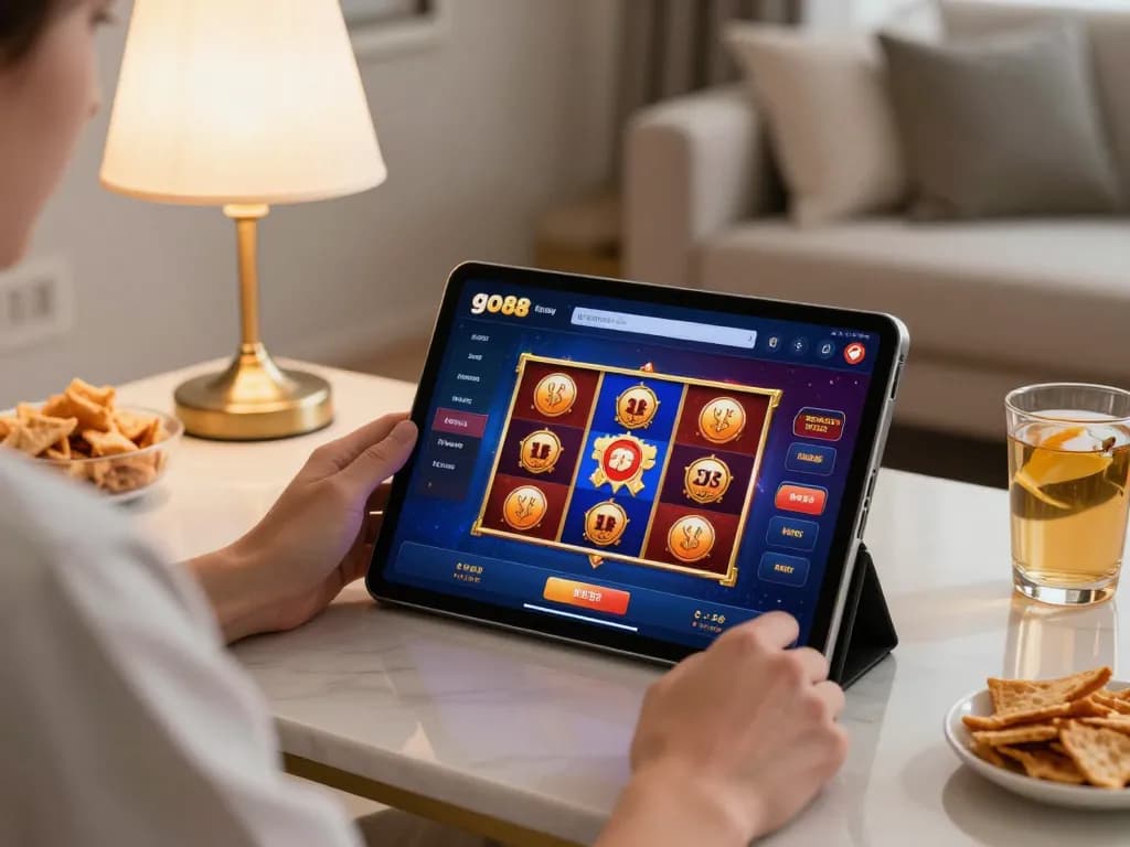 Player engaging with go88 app for casino gaming on tablet in cozy home setting