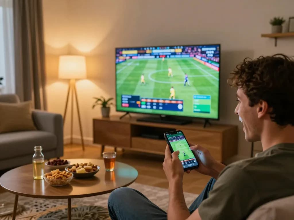 Player actively places a sports bet on tr88 app while watching a live event in a cozy setting