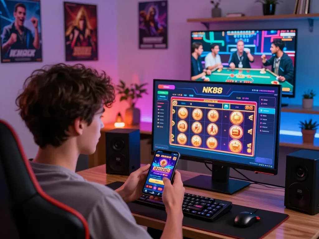 Engaged player enjoying NK88 mobile app gameplay in vibrant gaming environment.
