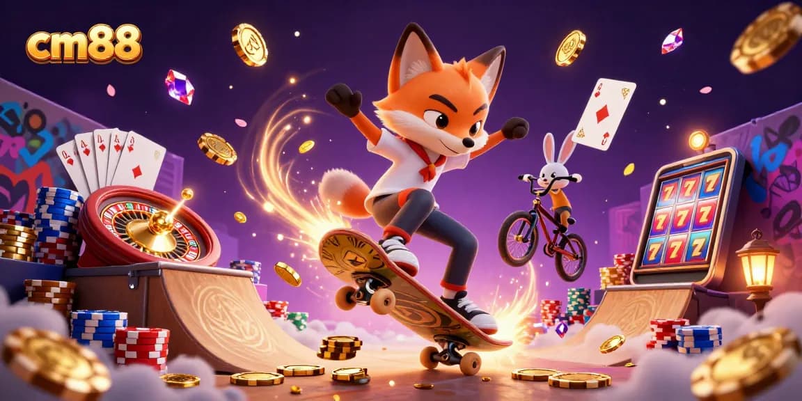 Engage with cm88's vibrant gaming scene featuring a fox and rabbit amidst cascading coins.