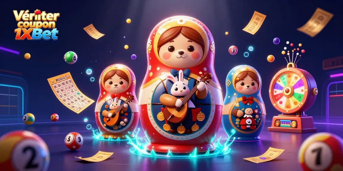 Vérifier coupon 1xbet avec l'ours matryoshka et les ballons loterie colorés dans une illustration dynamique.