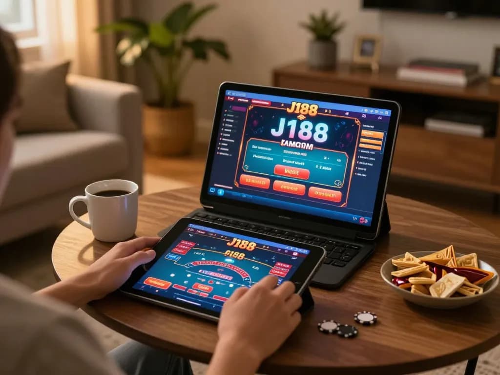 Engaging in online poker at J188 casino on a tablet in a cozy living room