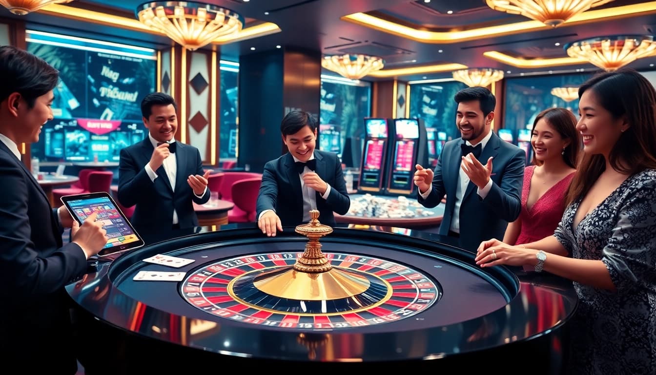 Experience thrilling gameplay at LC88 with vibrant slots and roulette tables in a stylish casino setting.