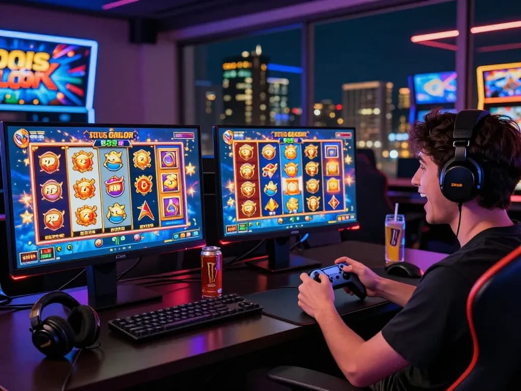 Pemain menikmati permainan slot situs gacor di dua layar yang cerah, dikelilingi oleh aksesori permainan.