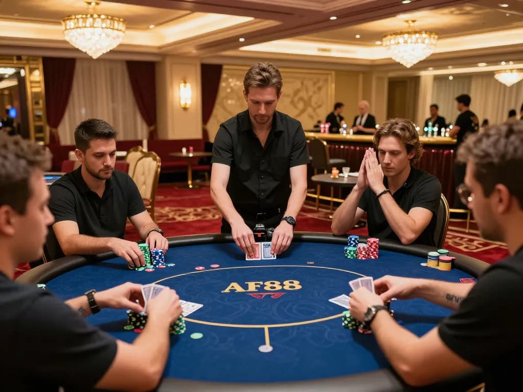 Experience the thrill at AF88 win poker tables with players celebrating wins and engaging in high-stakes gameplay.