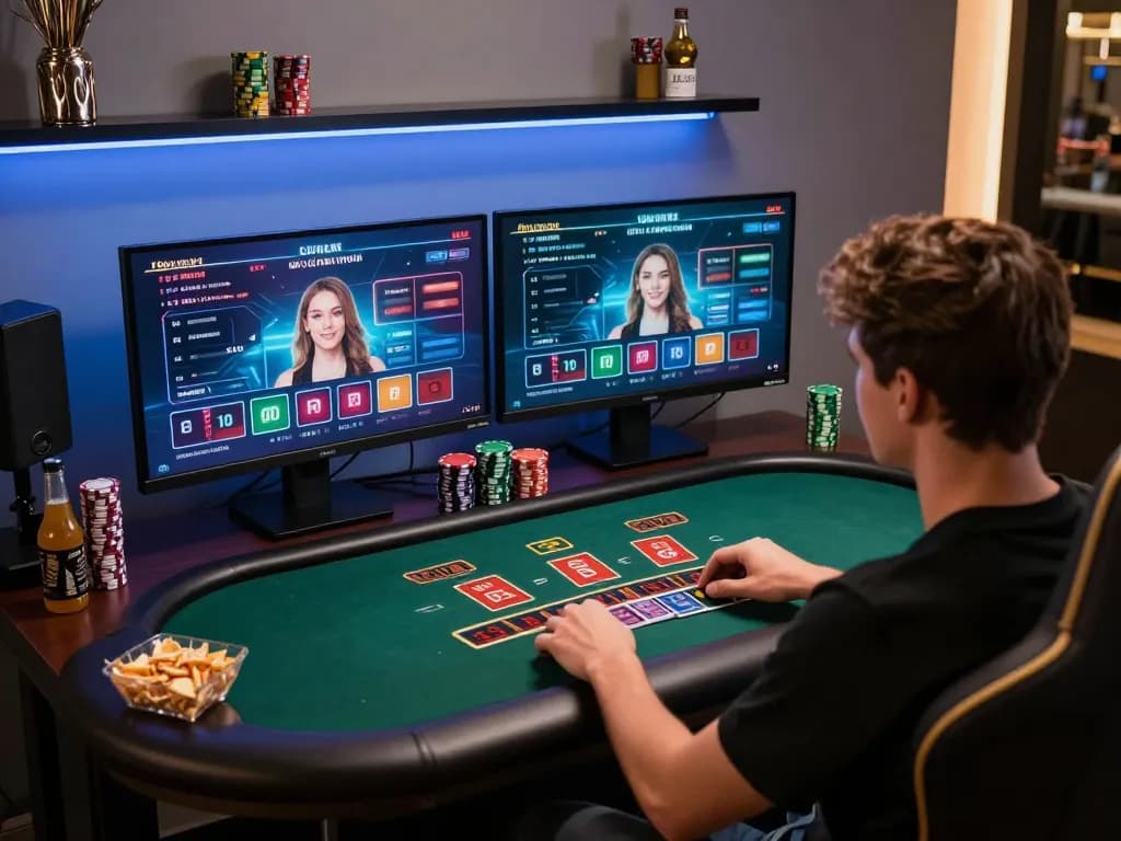 Player enjoying g28tv blackjack at home gaming setup with live dealer interface.