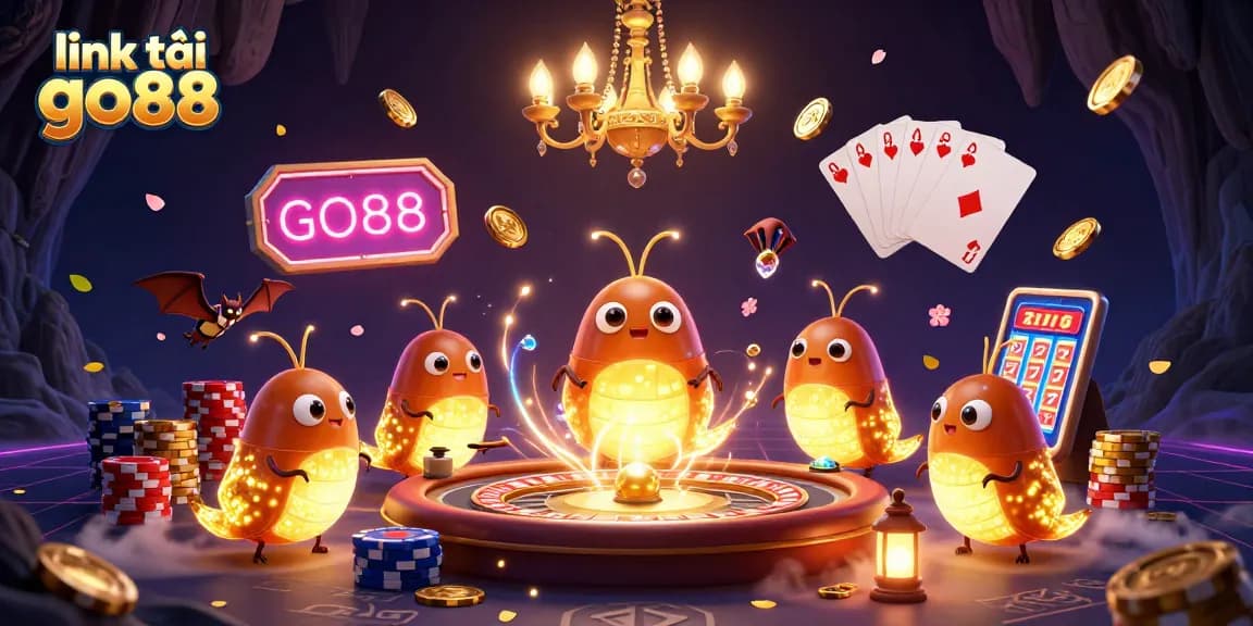 Light up your game night with the vibrant illustration showcasing link tải go88, featuring glowworms in a dazzling casino cave.