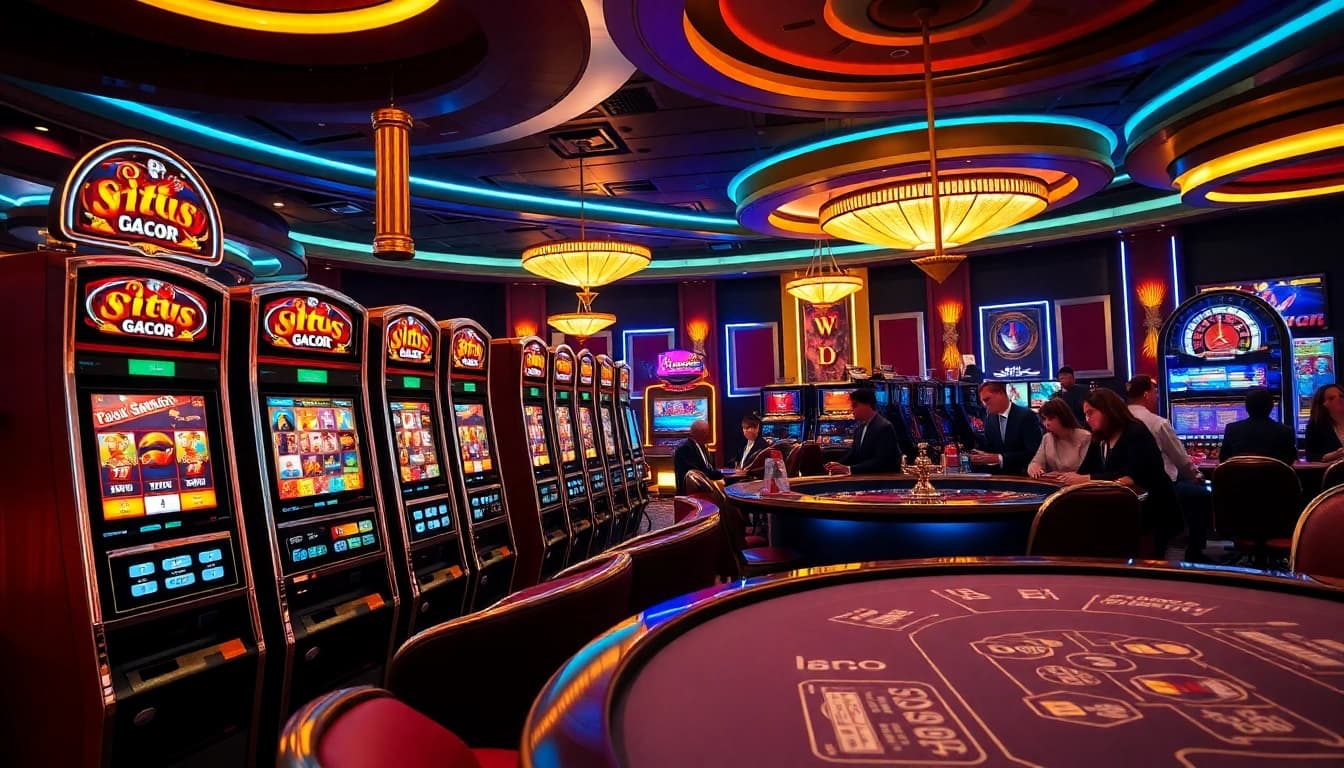 Situs Gacor slot machines spinning in an exhilarating casino atmosphere with players engaging.