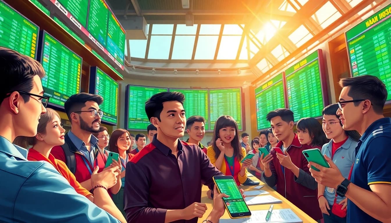 Dynamic sportsbook scene illustrating kèo nhà cái with bettors analyzing odds and engaging in lively discussions.