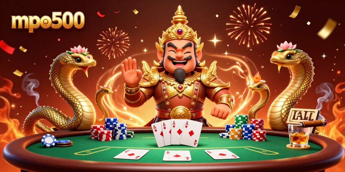 MPO500 poker scene featuring a Thai guardian, poker table, and confetti celebration.