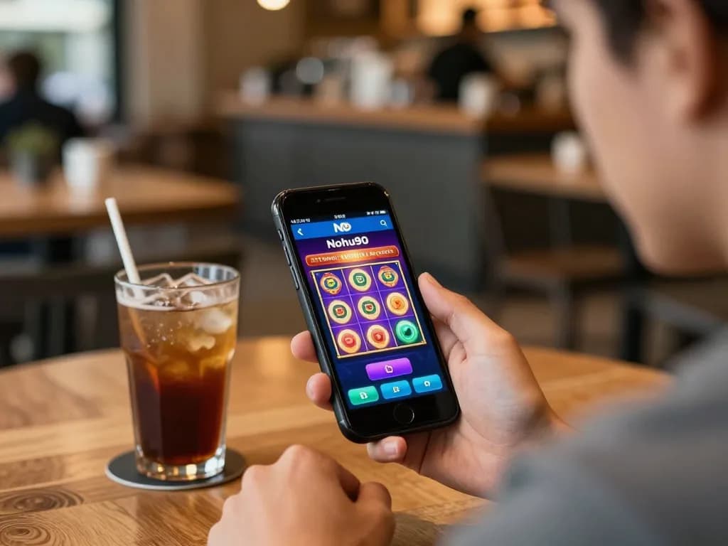 Nohu90 mobile player enjoying a slot game on their smartphone in a cozy café.