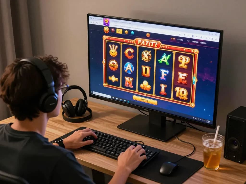Engaging in situs slot gacor gameplay on a vibrant online casino interface from a cozy home setup.