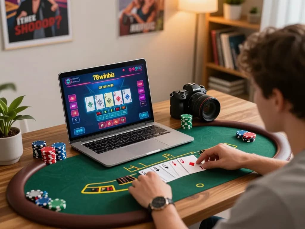 This engaging scene shows a player enjoying a live dealer blackjack game on 78winbiz, highlighting strategic gameplay and a cozy environment.