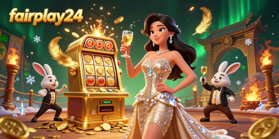 Bet on fairplay24 with a stunning toast beside a jackpot slot machine in a vibrant casino scene.