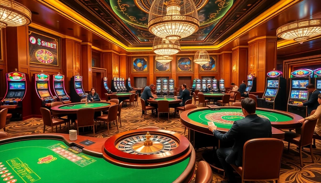SHBET casino interior featuring lively gaming tables and vibrant slot machines in an opulent setting.