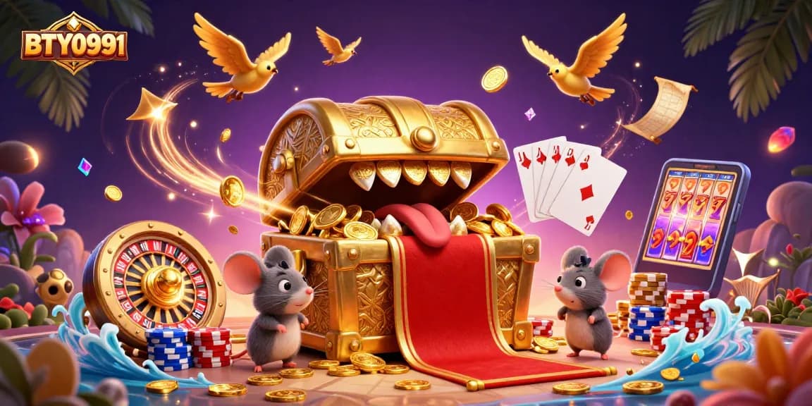 BTY0991 attracts gamers to riches with golden treasures and casino games in this vibrant illustration.