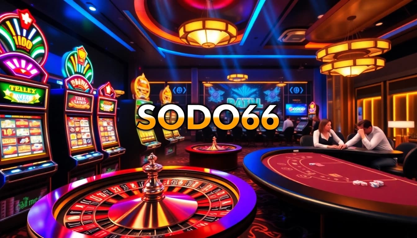 SODO66 casino vibrant scene with slot machines, roulette wheel, and engaged players.