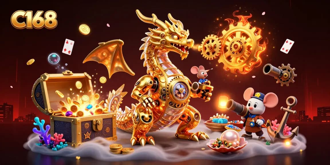 A dynamic scene with C168's golden dragon, symbolizing fortune, amidst treasure and vibrant casino elements.