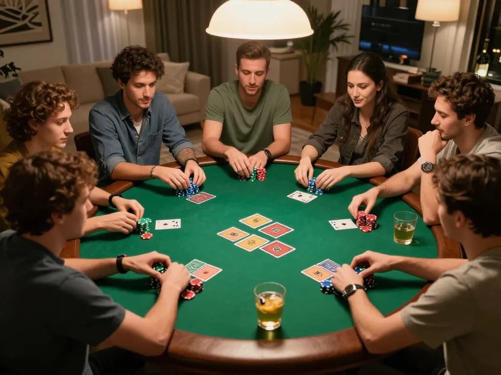 Friends enjoying an exciting poker game night at home with F8BET strategies in action.