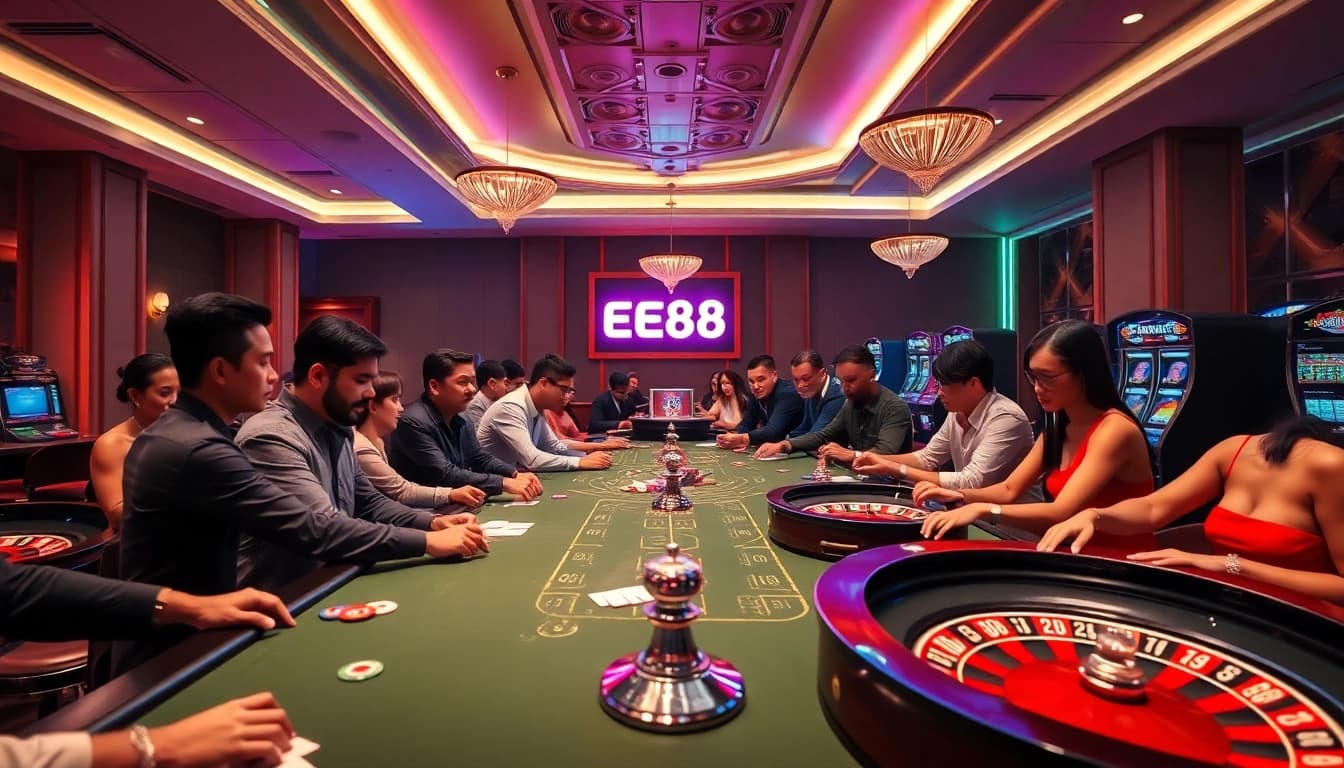 EE88 nhà cái players enjoying a thrilling casino game experience with vibrant tables and exciting action.