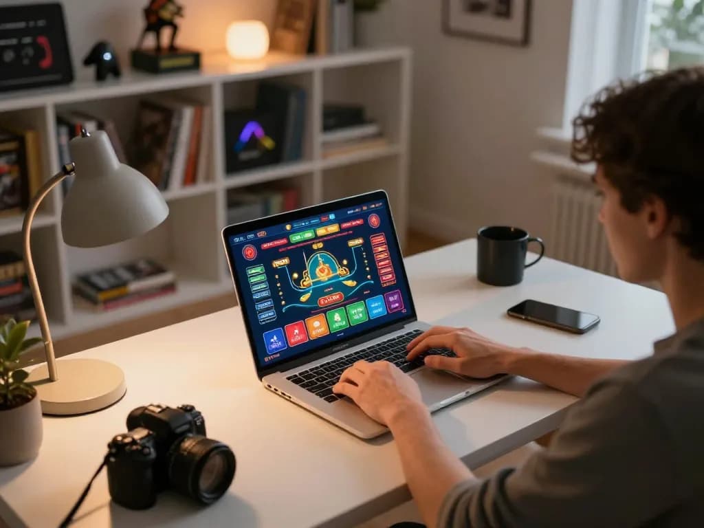 Player engaging with lc88 online casino game on a stylish laptop setup, creating a focused gaming atmosphere.