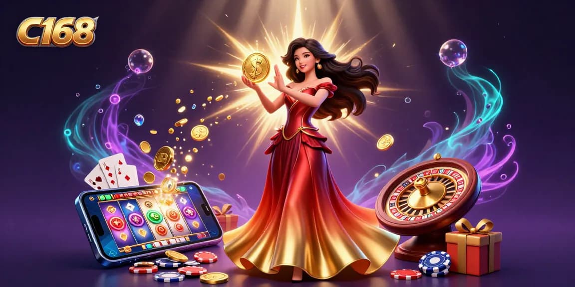 C168 promotes winning thrills with a stunning Asian woman holding a golden coin amidst a sea of slot game excitement.