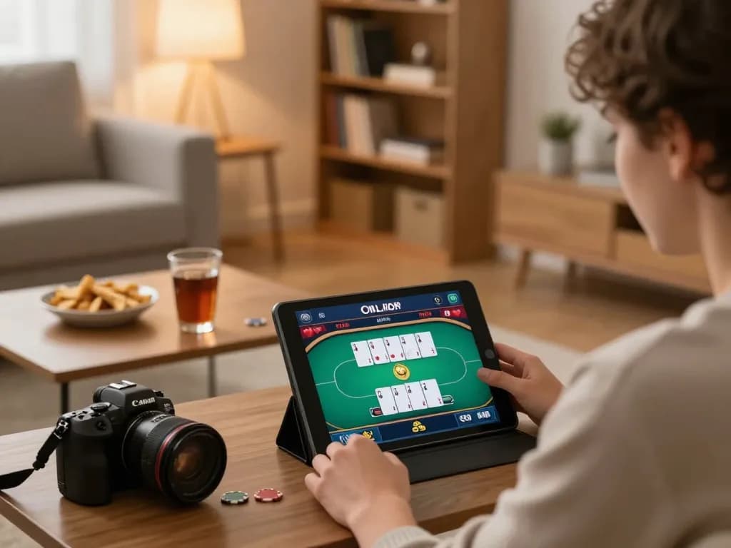 Alev casino giris showcased as a person enjoys online poker at home, highlighting a cozy atmosphere and strategic gameplay.