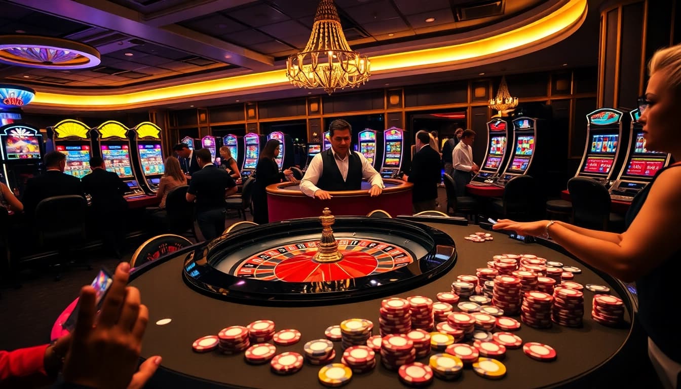 Engaging players at the LUCK8 casino, featuring a roulette table and vibrant slot machines.