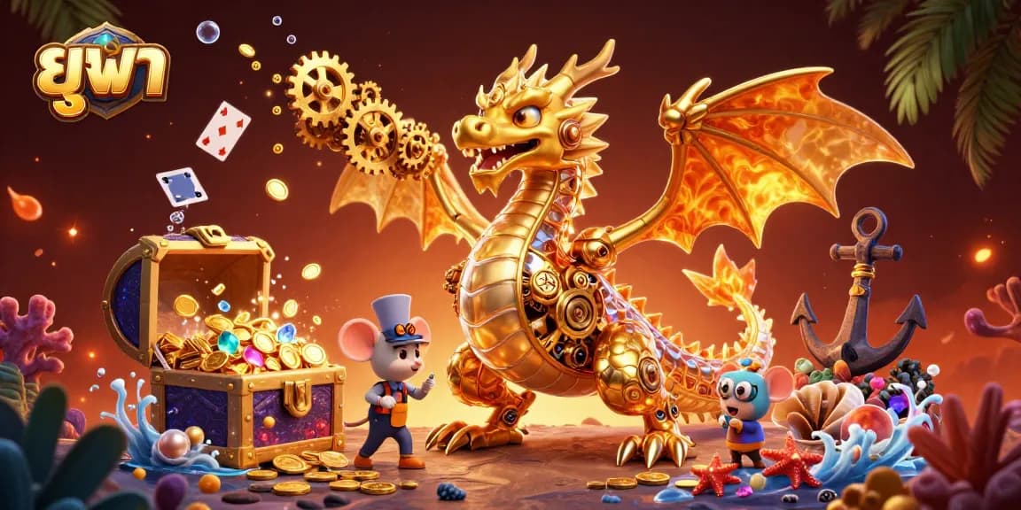 Experience exciting gameplay with ยูฟ่า in this vibrant casino-themed 3D illustration featuring a golden dragon and treasure.