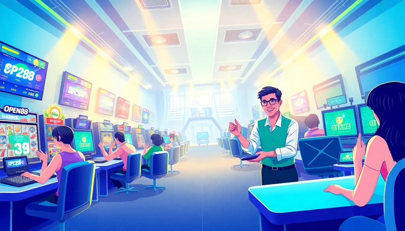 Exciting gaming scene showcasing players at Online Casino Open88, featuring vibrant colors and engaging gameplay.