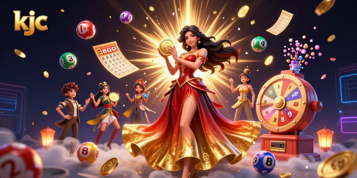 KJC platform showcases a vibrant lottery scene with an Asian woman holding a golden coin amidst colorful game elements and confetti.