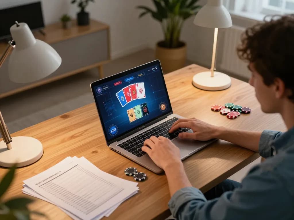 Experience online poker gameplay with 11-hd, showcasing vibrant cards and chips in a modern home setup.