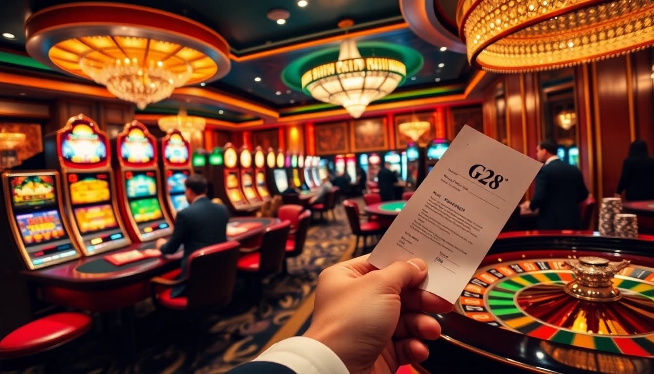 Experience thrilling gambling action at G28 with elegant casino tables and vibrant slot machines.