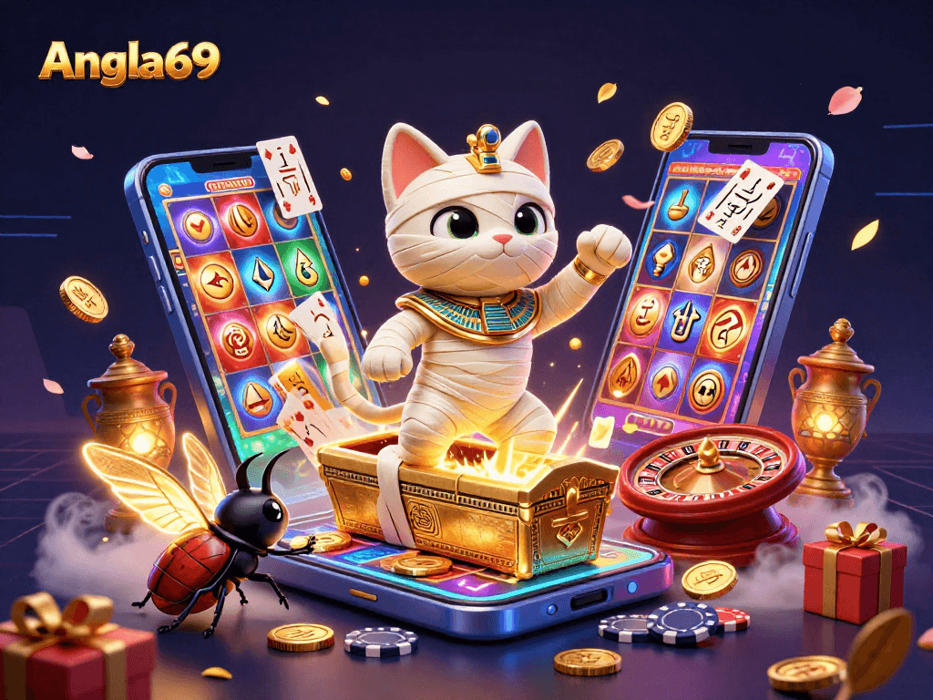 Spin to win at Angka69 with a vibrant 3D illustration of casino excitement and dynamic game elements.