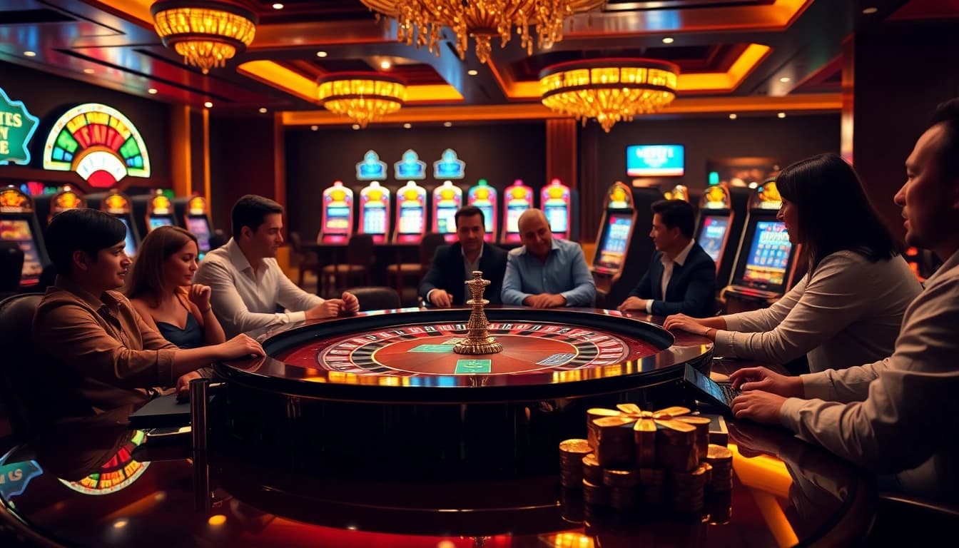 Sbobet link alternatif gaming table with vibrant casino elements, detailing player excitement and strategic betting.