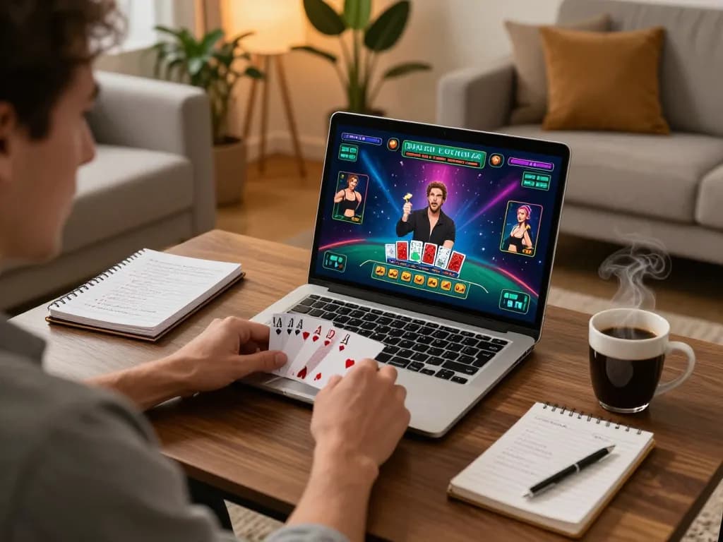 Player enjoying a thrilling jagoan86 blackjack game on a laptop at home, showcasing strategic gameplay and winning moments.