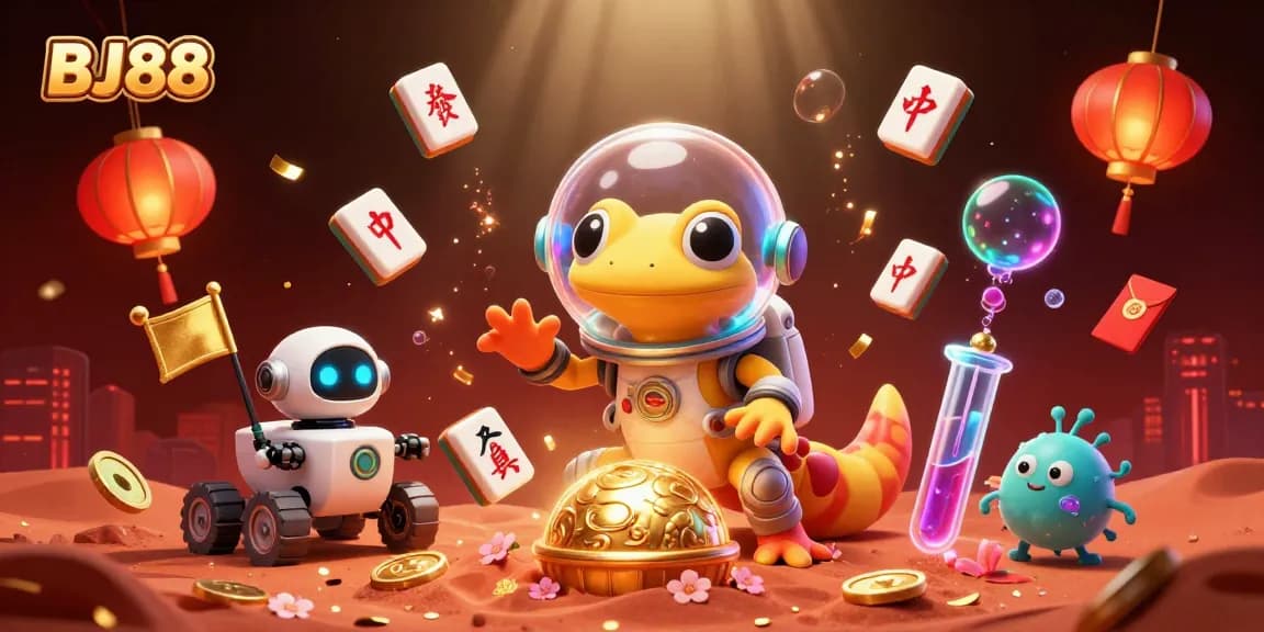 BJ88 highlights thrilling casino adventure with a Martian gecko amidst colorful gaming elements.