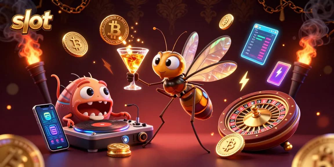 Spin the slot reels for big wins with a cartoon mosquito mascot in this vibrant casino scene.